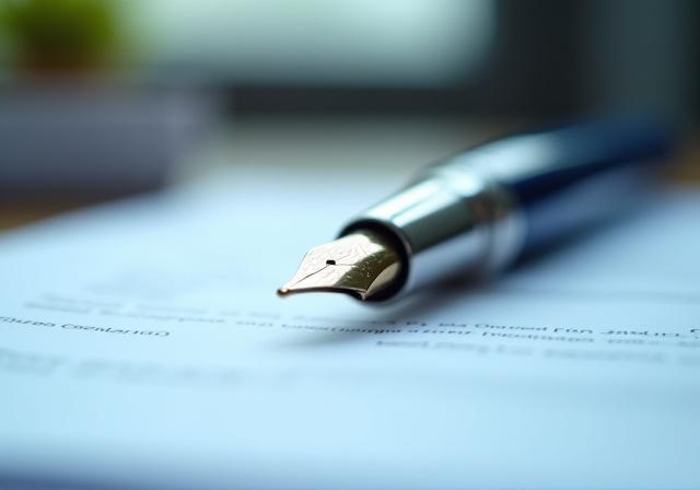 Close up of a fountain pen reflecting on legal documents